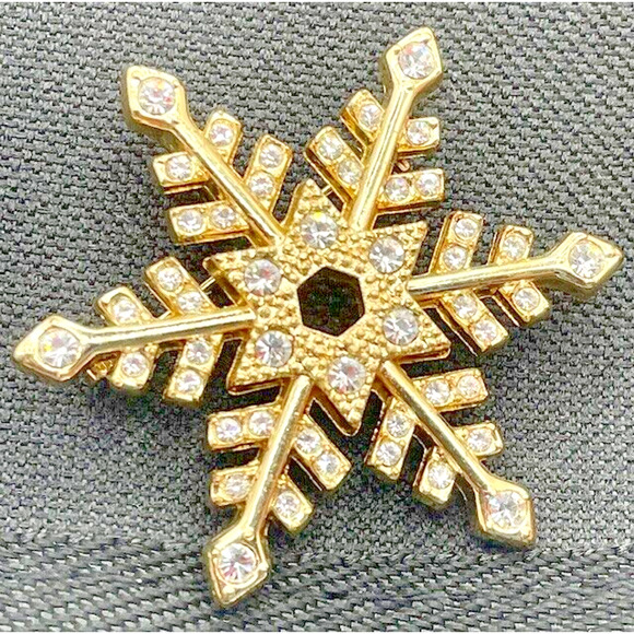 Womens Snowflake Brooch Pendant Gold Tone With Rhinestones RARE Vintage - Picture 4 of 7